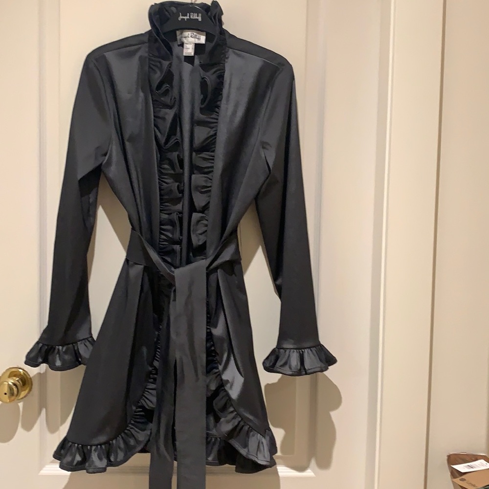 Joseph Ribkoff Black Satin Ruffle-Trim Tie Jacket